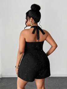 Maweii Elegant Sequin & Pearl Button Decorated Plus Size Black Romper, Suitable For Daily Commute, Party, Date - Black - View 6