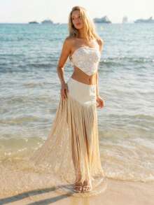 SHEIN ICON Váy dài gợi cảm có tua rua dành cho nữ - Màu be - Xem 3