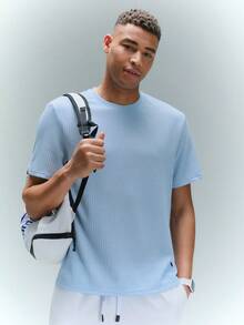 Driftmere Loose Men Solid Waffle Knit Round Neck Casual T-Shirt, Summer, Couple Things - Baby Blue - View 7