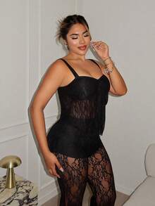 Maria Perezxox 女士蝴蝶结纹理印花短款吊带背心 - 黑色 - 查看 4