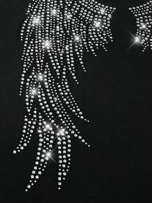 PAVTROS Men's Rhinestone Wing Graphic Round Neck Loose Casual Short Sleeve T-Shirt - Black - View 3