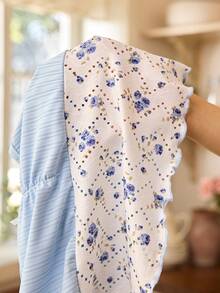 CottageSlumber 2pcs Romantic Floral Patchwork Ruffle Front Jacquard Cap Sleeve Top And Straight Leg Pants Pajama Set - Baby Blue - View 6