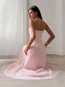 Elenzga Sleeveless Pleated Textured Jacquard Double-Layer Chiffon A-Line Dress, Waist Cinching Design, Light Pink, Elegant French Style, Suitable For Vacation & Wedding Season - Pink - View 2