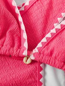 SHEIN 两件套条纹露背系带比基尼套装，性感泳衣，适合少女，夏季海滩度假；两件套纯色提花荷叶边系带比基尼套装，粉色，夏季 - 珊瑚粉 - 查看 7