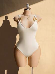 SHEIN ICON Mono de ajuste ceñido con cuello en V, decoración metálica, estilo retro sexy, estilo milenial Y2K, urbano moderno, para vacaciones en la playa, color albaricoque, talla grande, para mujer, para primavera/verano - Albaricoque - Ver 3