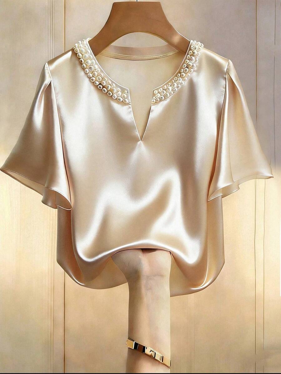 Qadelle Elegant Solid Color Pearl Decor V-Neck Blouse - Champagne - View 1