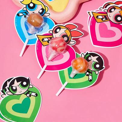 THE POWERPUFF GIRLS X SHEIN 60个可爱卡通人物图案棒棒糖装饰卡片，生日派对家庭节日派对装饰用品，生日礼物糖果装饰用品，派对礼物