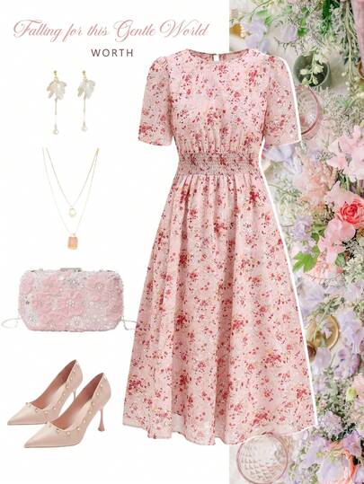 Ellevyn Vestido de verano con estampado floral y cintura ceñida, vestido romántico para vacaciones