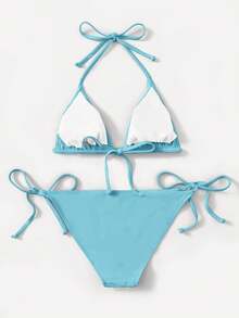 Swim Basics Women's Blue Summer Bikini Set,Halter Tie Solid Color Triangle Panty Swimwear For Beach Party,Holiday,Boho Vacation,Cruise,Music Festival & Road Trip - Blue - View 3