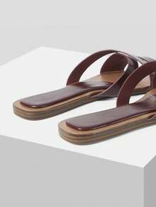 Mnmlis Two-Color Square Toe Minimalist Casual Daily Wear Spring And Summer Beach Flat Sandals - Burgundy - View 4