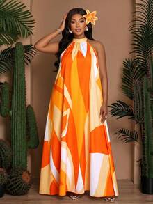 SOLERSUN Vestido holgado y casual con estampado para mujer talla grande, con cuello trasero con cordón, vestido de línea A para primavera y verano, vestido largo para vacaciones en la playa (con bolsillos laterales) - Naranja Quemada - Ver 3