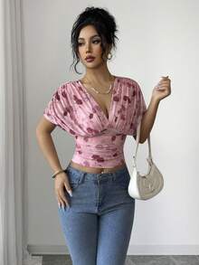 Elenzga Áo thun nữ mùa xuân/hè cổ chữ V khoét sâu tay ngắn tay cánh dơi buộc eo hở lưng thanh lịch gợi cảm, họa tiết hoa hồng, in ngẫu nhiên - Nhiều màu - Xem 6