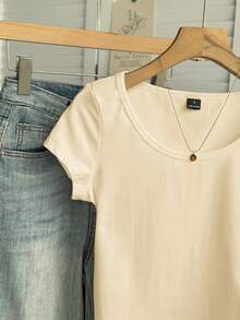 Tseoso 95%棉杏色休闲简约图案圆领修身袖女式T恤 - 杏色 - 查看 4