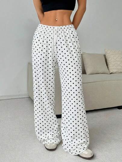 CovetEZ Women's Casual Loose Black & White Polka Dot Print Wide Leg Thin Straight Pants, Suitable For Spring/Summer, Vacation, Home Leisure, Sweet Home Atmosphere, Outdoor Travel