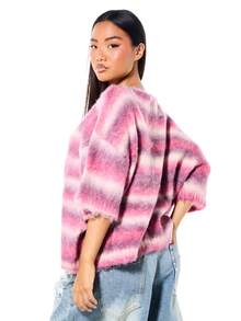 SUMWON WOMEN Women's Tie Dye Striped Knit Sweater With Three Quarter Sleeves And Crew Neck Design Cozy Winter Fall Pullover - Pink - View 2