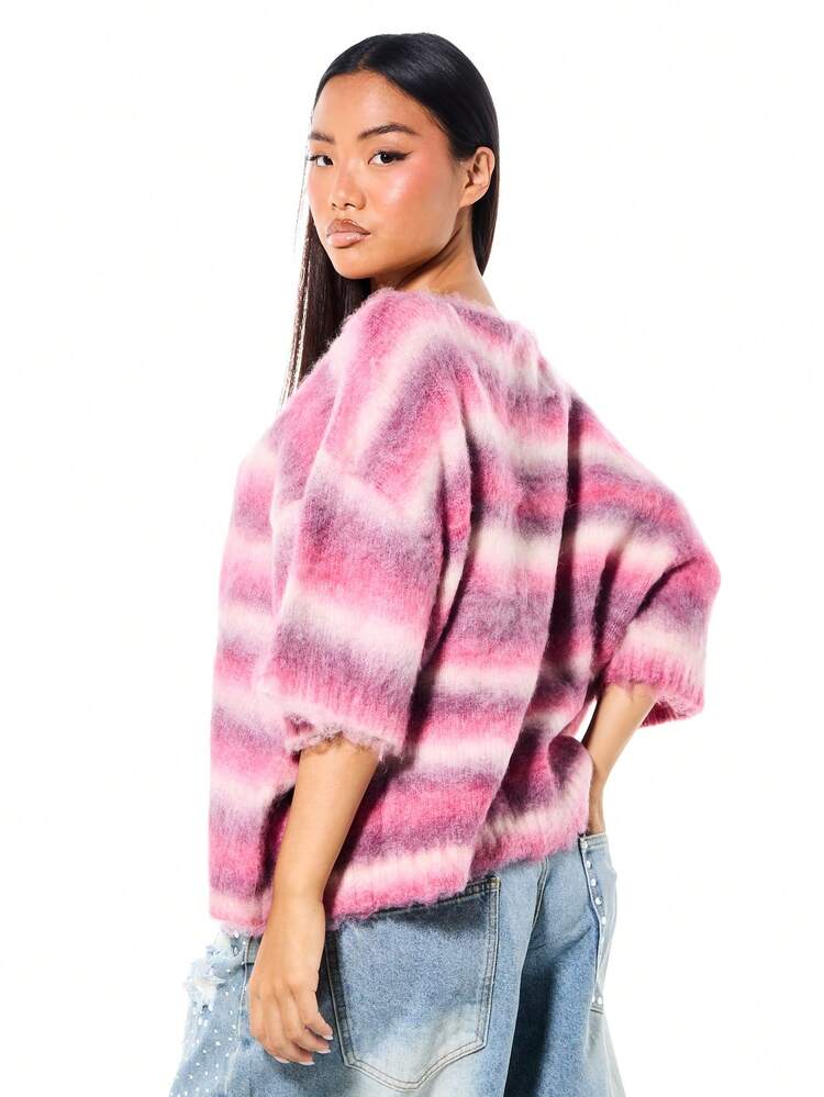 SUMWON WOMEN Damen Batik gestreifter Strickpullover mit Dreiviertel-Ärmeln und Rundhalsausschnitt, gemütlicher Pullover für Winter und Herbst