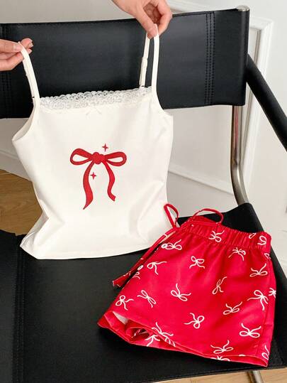 Comfortcana 2026 New Arrival Spring/Summer Women's Bow Print Camisole And Shorts 2 Pieces Set Spring Outfit Beach Outfit For Women  Vacation Outfits Women