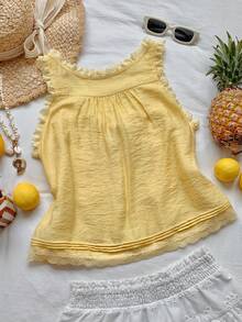 Comfortcana Áo kiểu không tay phối ren, màu vàng, chất liệu dệt, dáng rộng, thích hợp cho kỳ nghỉ xuân/hè. - Màu vàng - Xem 2