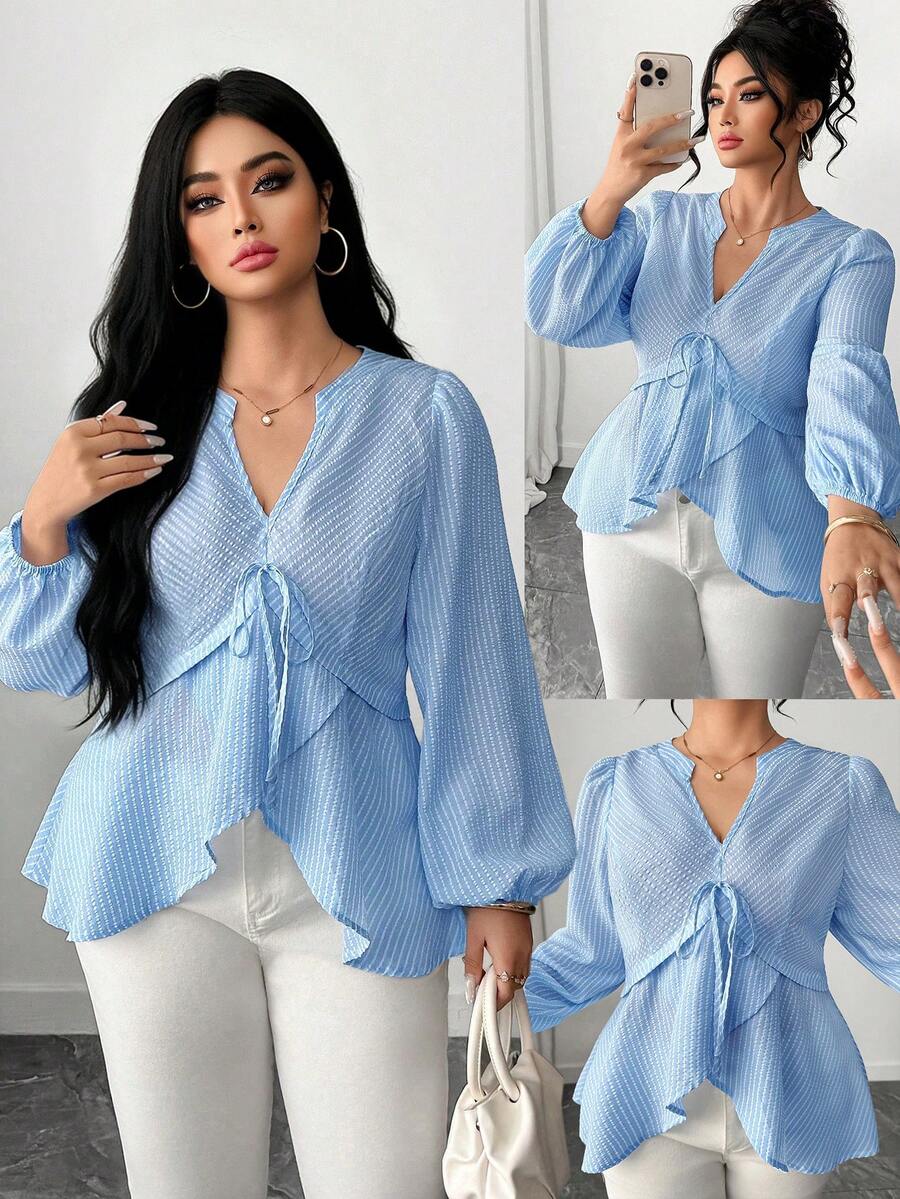 Elenzga Blue Plus Size Striped Woven Blouse Featuring Notched Neck Puff Long Sleeves And Flared Ruffle Hem For Casual Style Fall - Blue - View 1