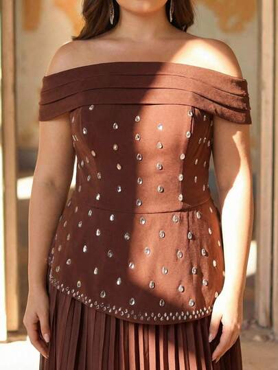 Aureia Plus Size Elegant Brown Off-Shoulder Neckline Pleated Unique Silhouette Hem Luxurious 3D Beaded Oversized Chiffon A-Line Dress, Suitable For Dates, Vacations, Singles Parties, Weddings, Women's Evening Gown Maweii Plus Size Polka Dot Brown Wedding Guest Dress Off Shoulder Formal Dress Brown Elegant Dresses For Women Chocolate Brown Dress