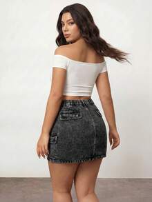 Enliva Damen Große Größen Locker Sitzender Denim Mini Rock, Retro Washed Lässig, Arbeitskleidungsstil - Schwarz - Übersicht 2