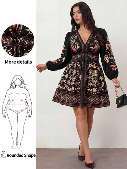 Enliva 秋季大码波西米亚花卉印花前系蝴蝶结 V 领长袖短款休闲女式连衣裙