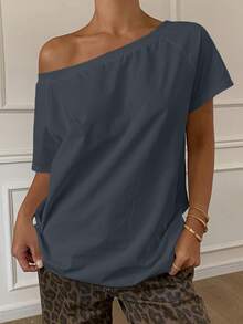 DAZY Women's Off-Shoulder Short Sleeve T-Shirt Summer - Grey - View 2