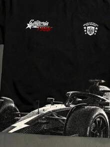 Manfinity Roghcode Men's Casual Fashion Street Daily Commute Racing Letter Print Short Sleeve Black T-Shirt - Black - View 3
