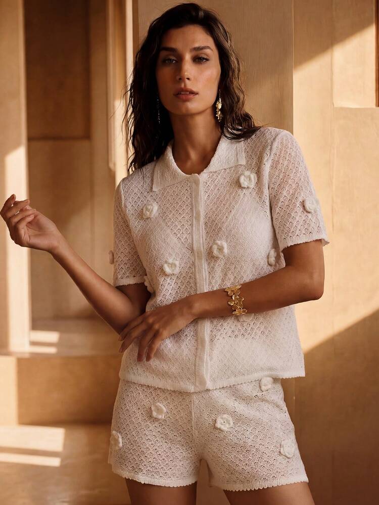 Swim Chiccia New Knitted French Romantic Crochet Texture Short Sleeve Top + Shorts Women Coverup Set - White - View 6