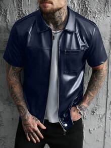 Manfinity Homme 男士宽松PU皮革前拉链短袖衬衫，街头风设计 - 藏蓝色 - 查看 7
