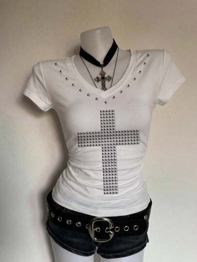 Attitoon Women's Cross Print V-Neck Ruched T-Shirt