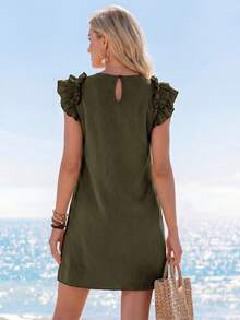 Sylviya Solid Color Ruffle Trim Vacation Mini Dress For Women - Army Green - View 2