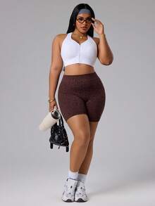 Rhythm Era Quần short cạp cao không đường may in họa tiết da báo dành cho nữ cỡ lớn - Cà phê nâu - Xem 2