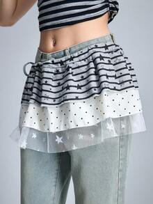 ROMWE Anime 1件 Y2K Baddie Kawaii Sweet Retro Plaid Pop Art Polka Dot Wing Note Mass Produced Lace Up Waist Accessor, Suitable For College, Shopping, Concerts, Et. - 灰白色 - 查看 7