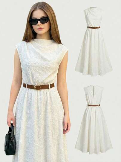 SHEIN Girlism Elegant Khaki Solid Color Sleeveless Dress (With Belt) For Commuting, Back To School Season