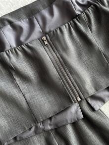 Elamini Women's Spring/Summer Square Neck Bow Tie Cropped Tight Vest & Low Waist Mini A-Line Slit Skirt Suit Set - Grey - View 6