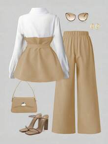 Franclia 简约优雅秋季衬衫和直筒开衩裤两件套 - 卡其色 - 查看 2