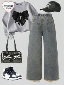 SHEIN Quần jeans rách kiểu vintage Y2K cho bé gái, quần ống đứng rộng rãi thoải mái, cạp chun co giãn, màu xanh nhạt, phù hợp cho mọi mùa, chất liệu thoải mái. - Rửa trung bình - Xem 8