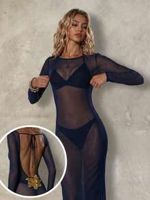 Swim Glamine Capa Praia Sexy Transparente com Decoração de Lantejoulas e Costas Abertas para Mulheres - Azul Marinho - Visão 3
