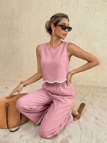 Frenchy Conjunto de 2 piezas de camiseta sin mangas y pantalones con ribete de contraste para vacaciones casuales de mujer - Rosa - Ver 5