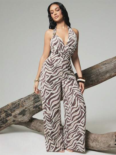 Hauture Macacão sexy com estampa completa, decote nas costas e alças no pescoço, perfeito para o verão.