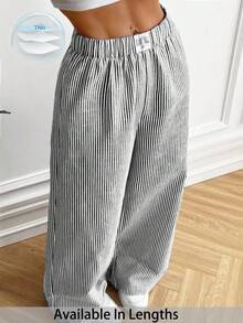 Enliva Plus Size Women Striped Print Applique Woven Elastic Waist Casual Pants Women Clothing,Business Casual Woman, Wearable In All Seasons Valentine's Day Outfit, For Apple And Rounded Body Shape - Black and White - View 3