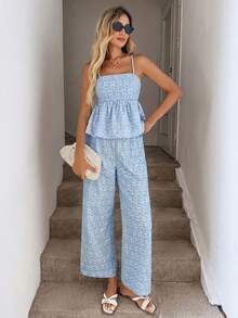 Easowa Bộ áo hai dây và quần cạp chun họa tiết hoa nhí màu vàng dễ thương, thích hợp cho mùa hè. - Màu xanh lam - Xem 5