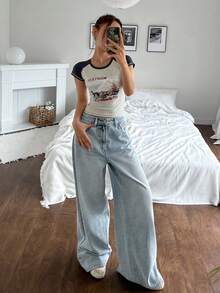 Quần jeans nữ ống rộng dáng suông, đa năng, có túi. - Màu xanh lam - Xem 2