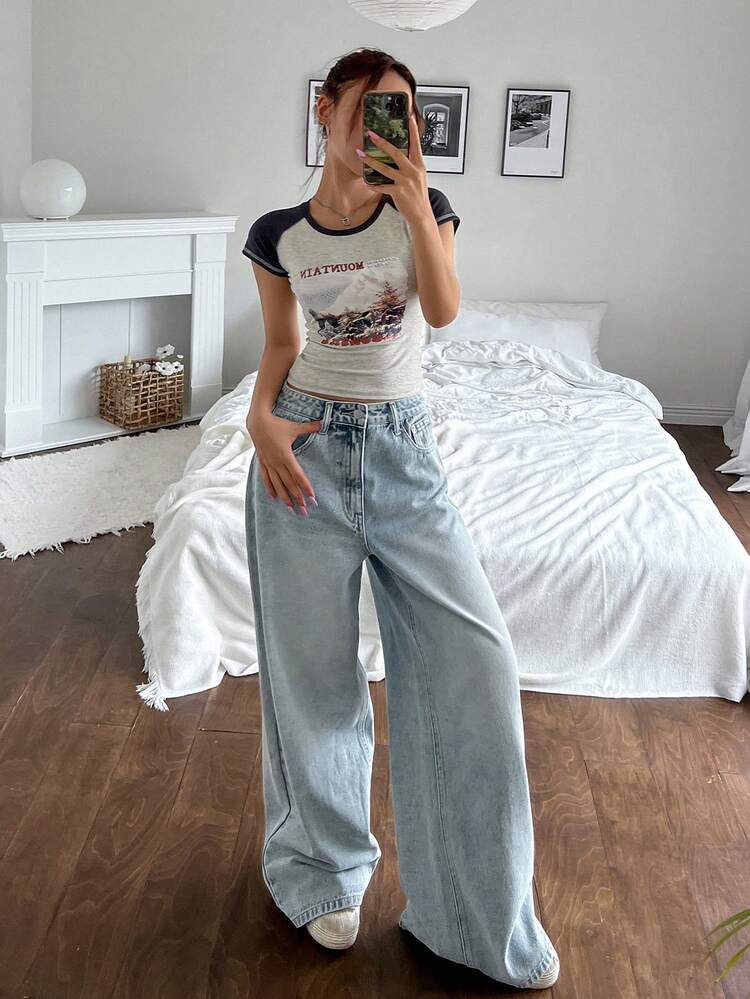 Women's TALL Distressed Decor Loose Straight Leg Jeans, Casual Street Style Pants