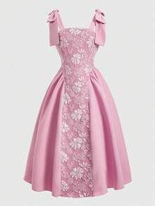 SHEIN 女童优雅花卉提花吊带可拆卸蝴蝶结装饰修身连衣裙，适合日常穿着、聚会、派对、正式场合。 - 粉色 - 查看 7