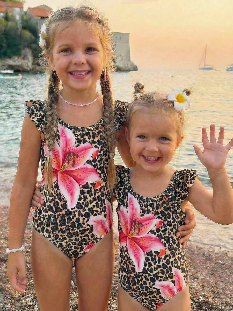 SHEIN Baby Girl Leopard & Floral Print Ruffle Trim Swimsuit, Summer Beach Vacation - Multicolor - View 1