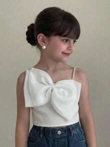 SHEIN Young Girl Solid Color Knit Camisole,Kids - White - View 3