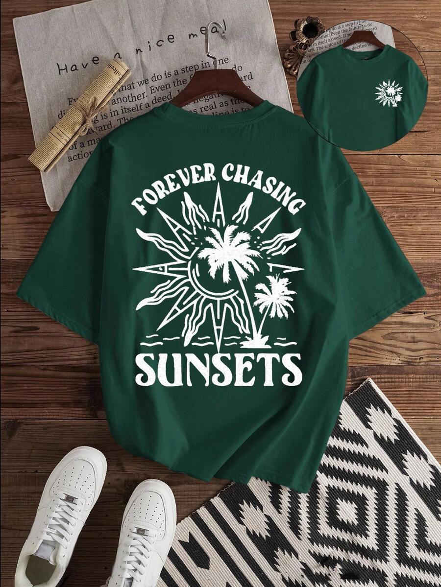 Claim Dot 休闲时尚夏季棕榈树字母印花修身常规肩部T恤，男士款，适合度假、约会、派对、户外活动、情侣/家庭装，也是送给男友的绝佳礼物。 - 墨綠色 - 查看 1