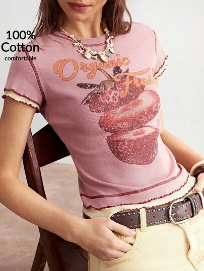 Bohemela Camiseta de punto de manga corta, cuello redondo, ajustada y lavada con bloques de color en estilo BOHO casual para mujer